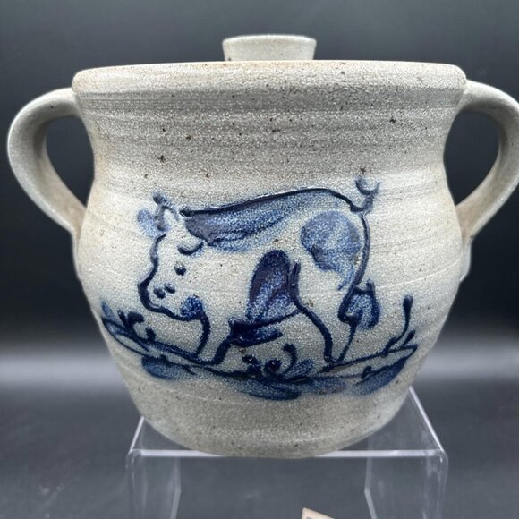 Rowe Pottery Works Cow Stoneware Salt-Glazed Crock 1965 Blue Grey, Bean Pot - Picture 2 of 11